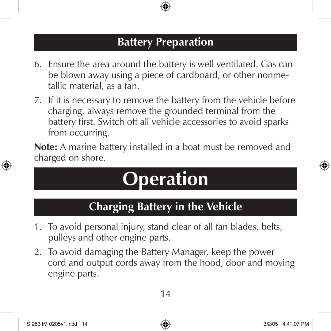 Schumacher SI263 manual Operation, Charging Battery in the Vehicle 