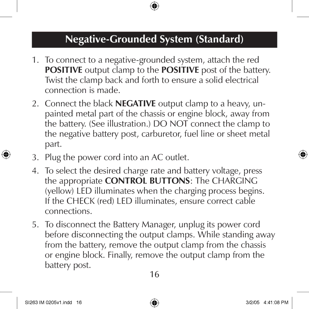 Schumacher SI263 manual Negative-Grounded System Standard 