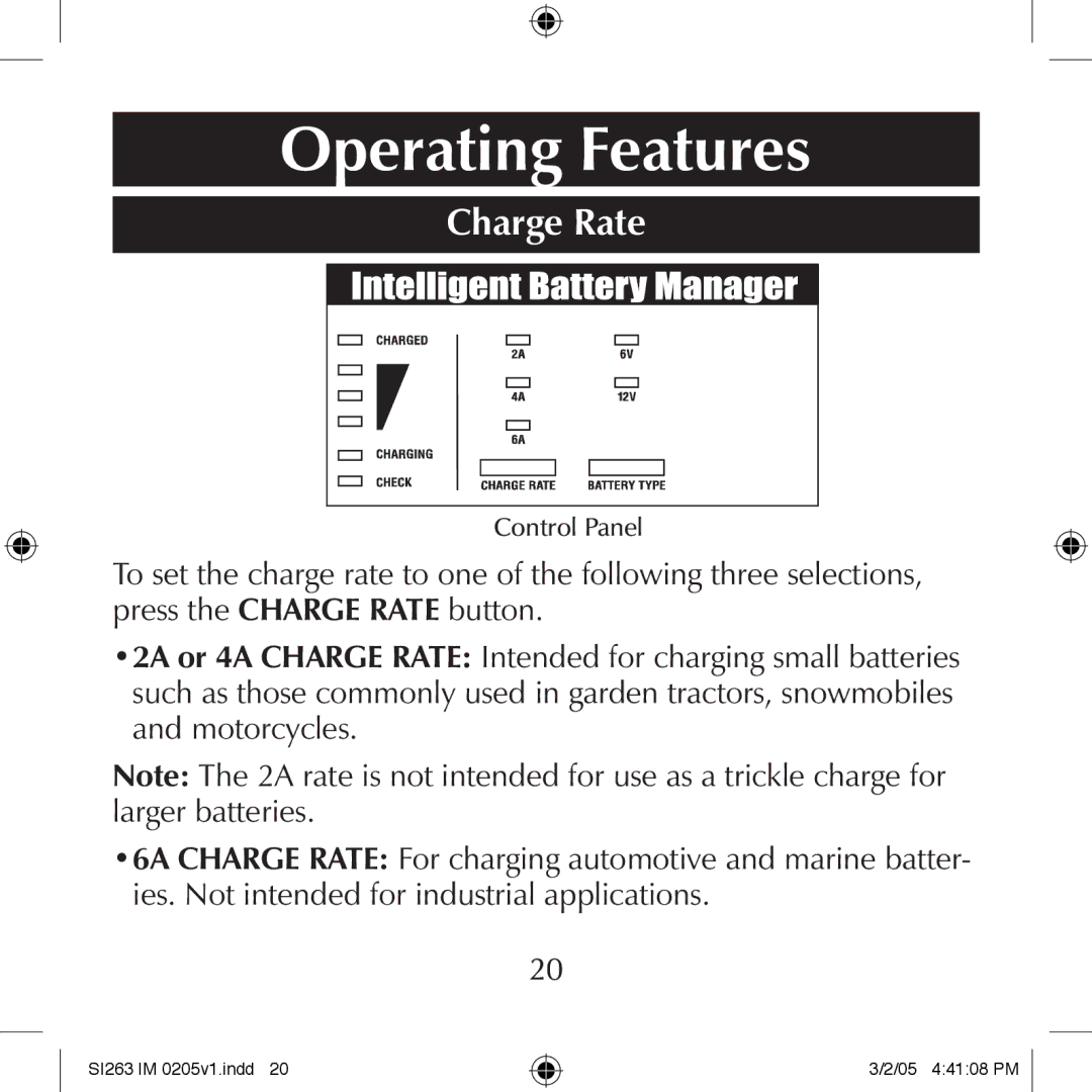 Schumacher SI263 manual Operating Features, Charge Rate 