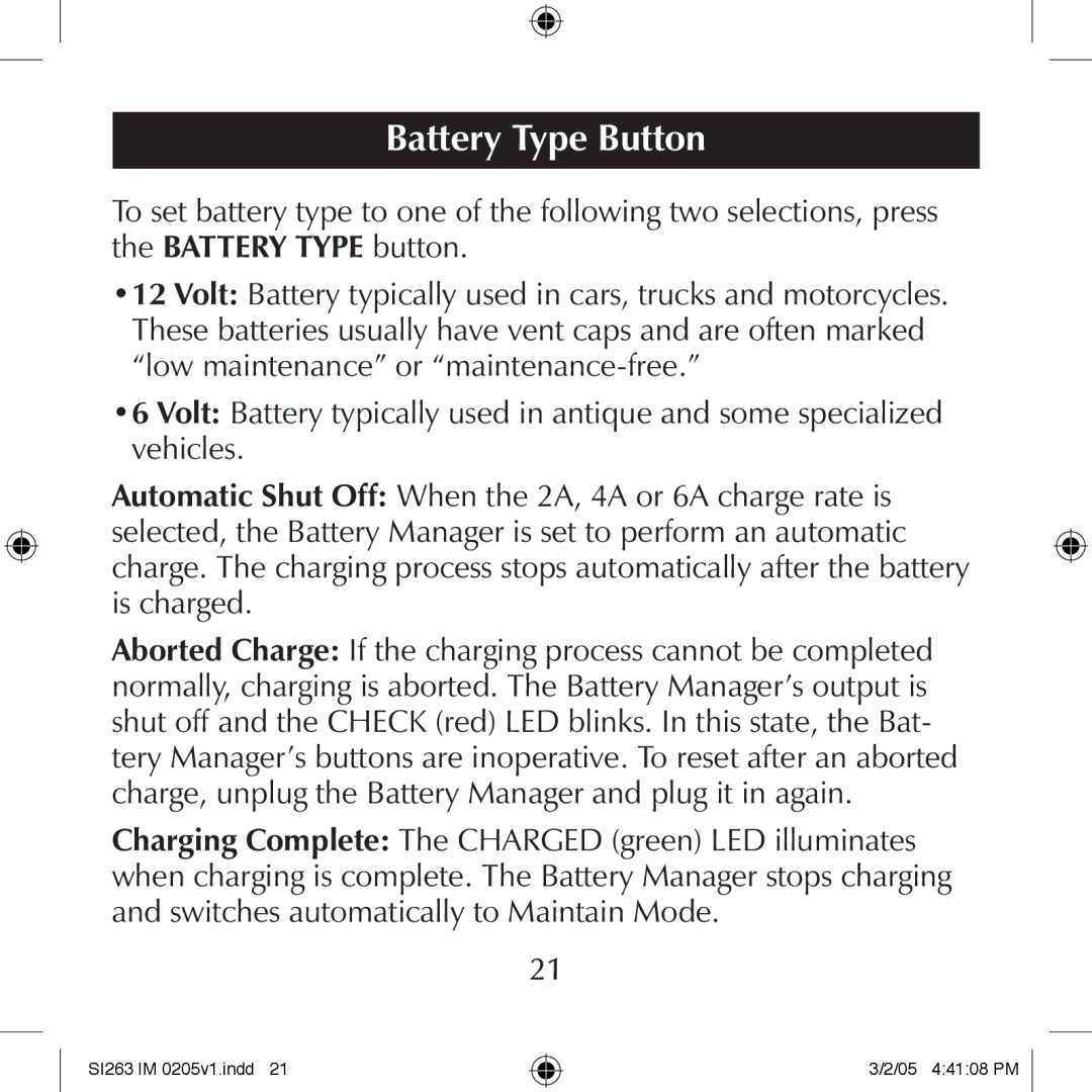 Schumacher SI263 manual Battery Type Button 