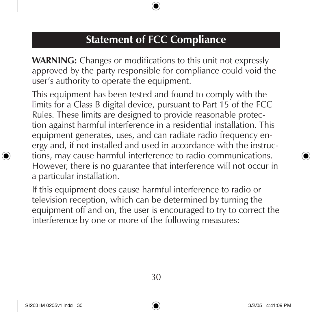 Schumacher SI263 manual Statement of FCC Compliance 