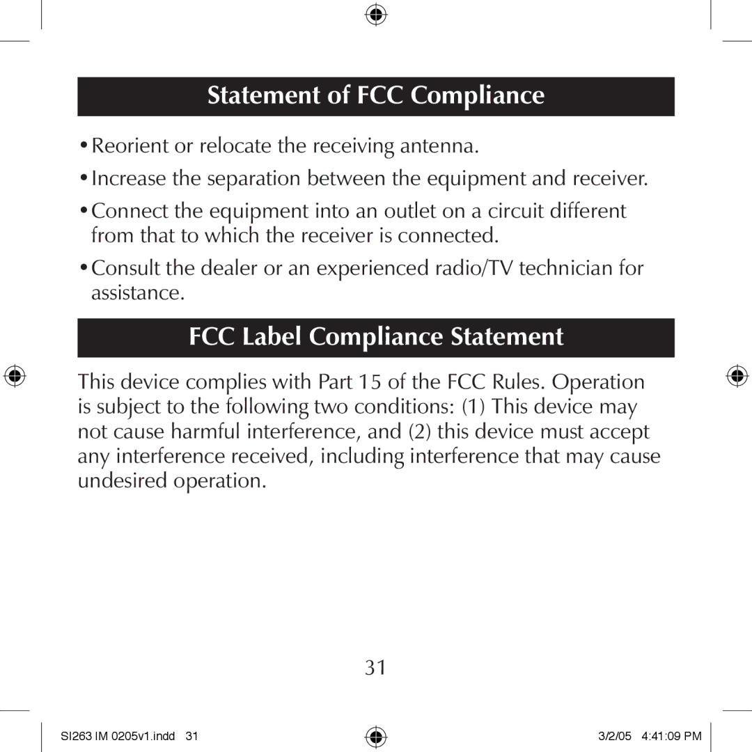 Schumacher SI263 manual FCC Label Compliance Statement 