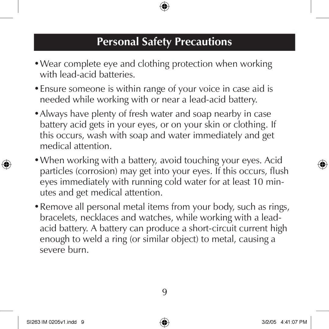 Schumacher SI263 manual Personal Safety Precautions 