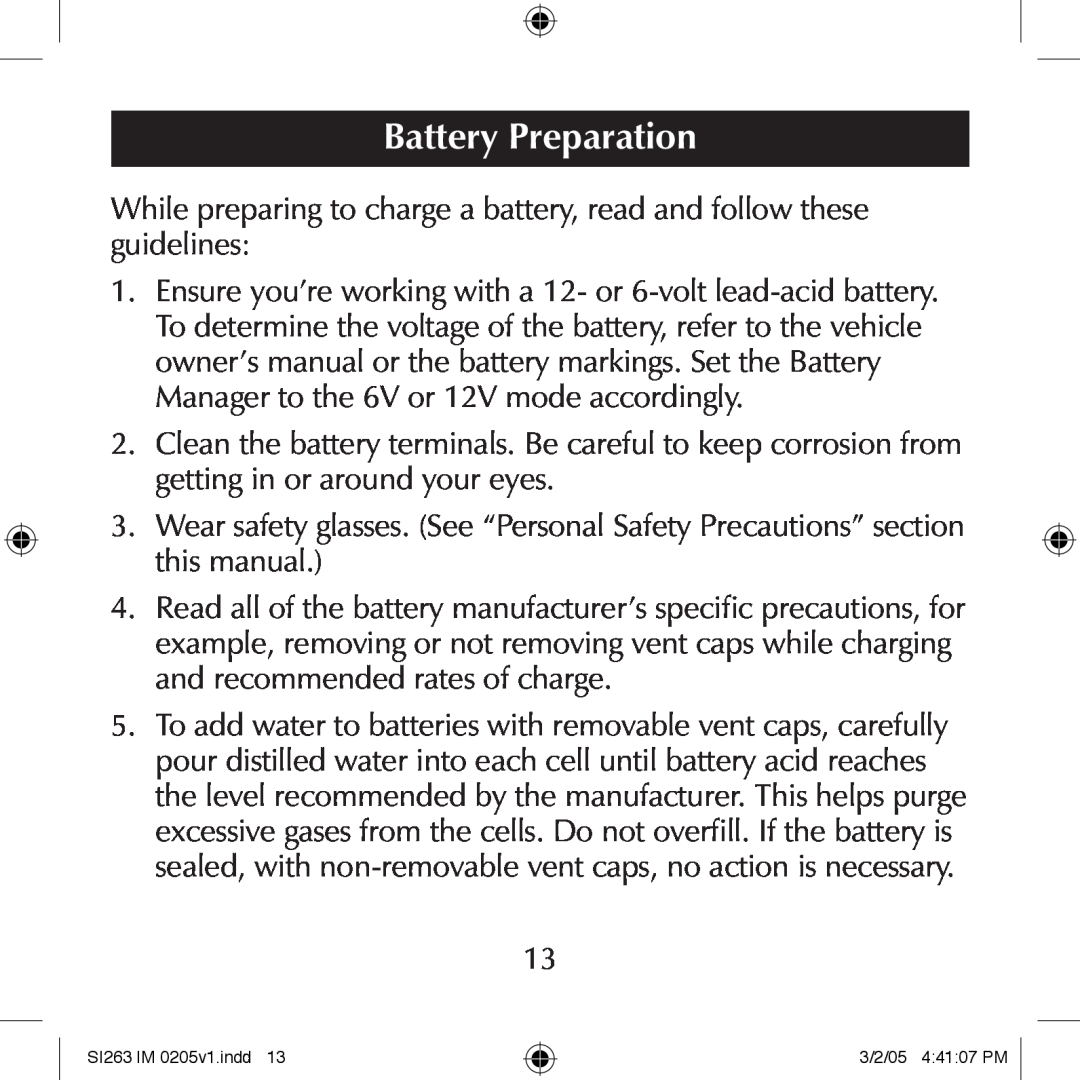 Schumacher SI263 manual Battery Preparation 