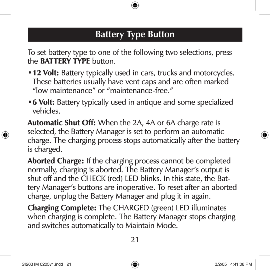 Schumacher SI263 manual Battery Type Button 