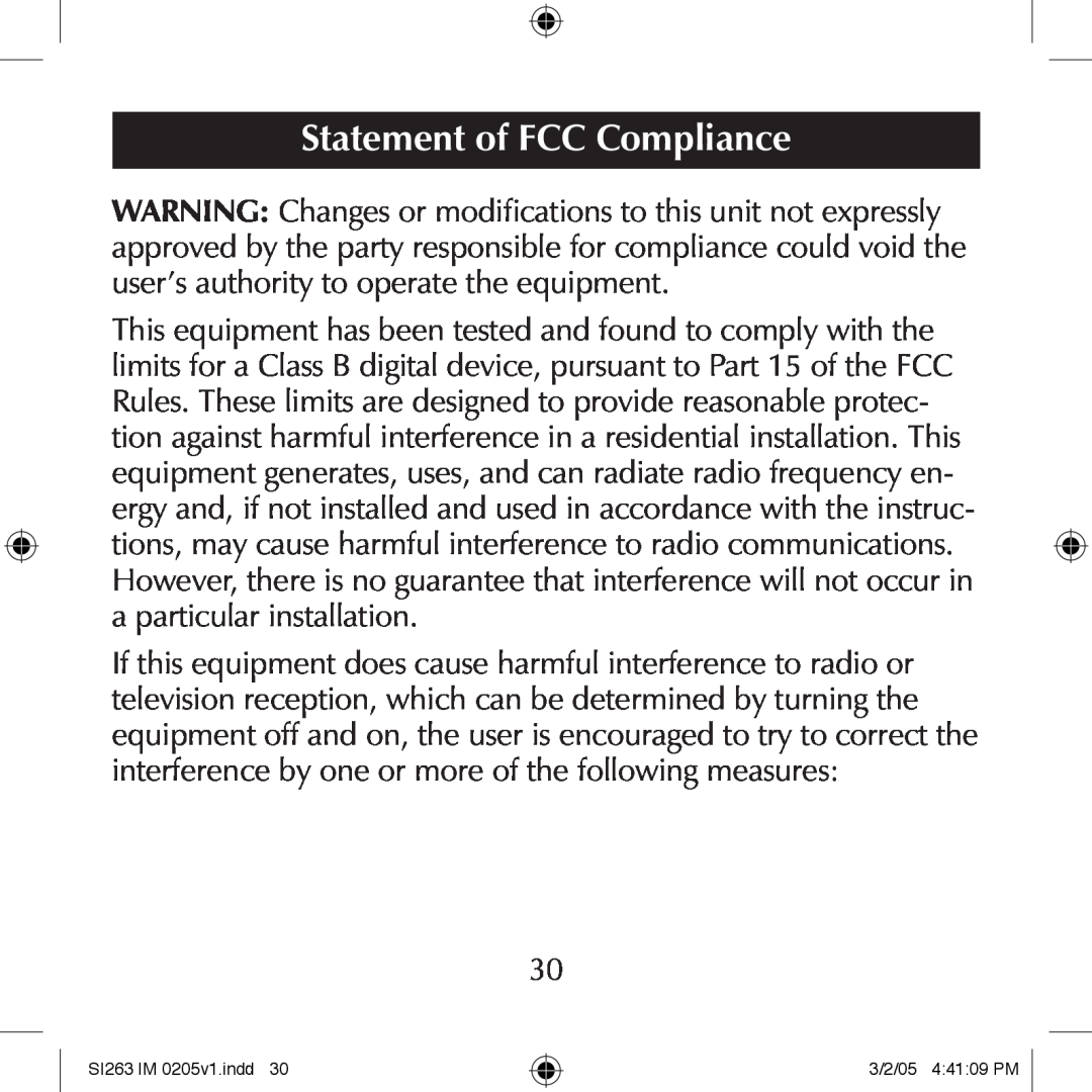 Schumacher SI263 manual Statement of FCC Compliance 