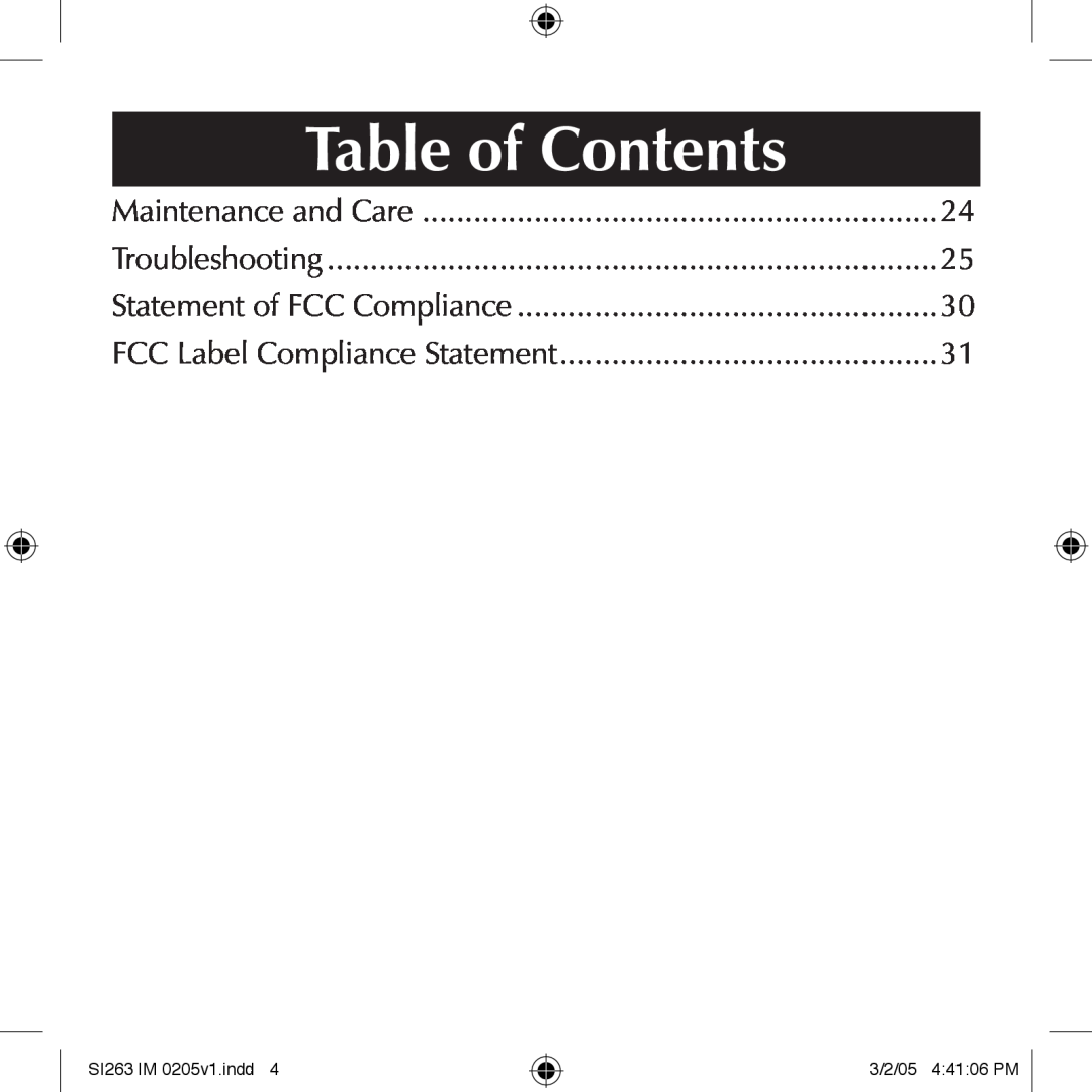 Schumacher SI263 Table of Contents, Maintenance and Care, Troubleshooting, Statement of FCC Compliance, 3/2/05 44106 PM 