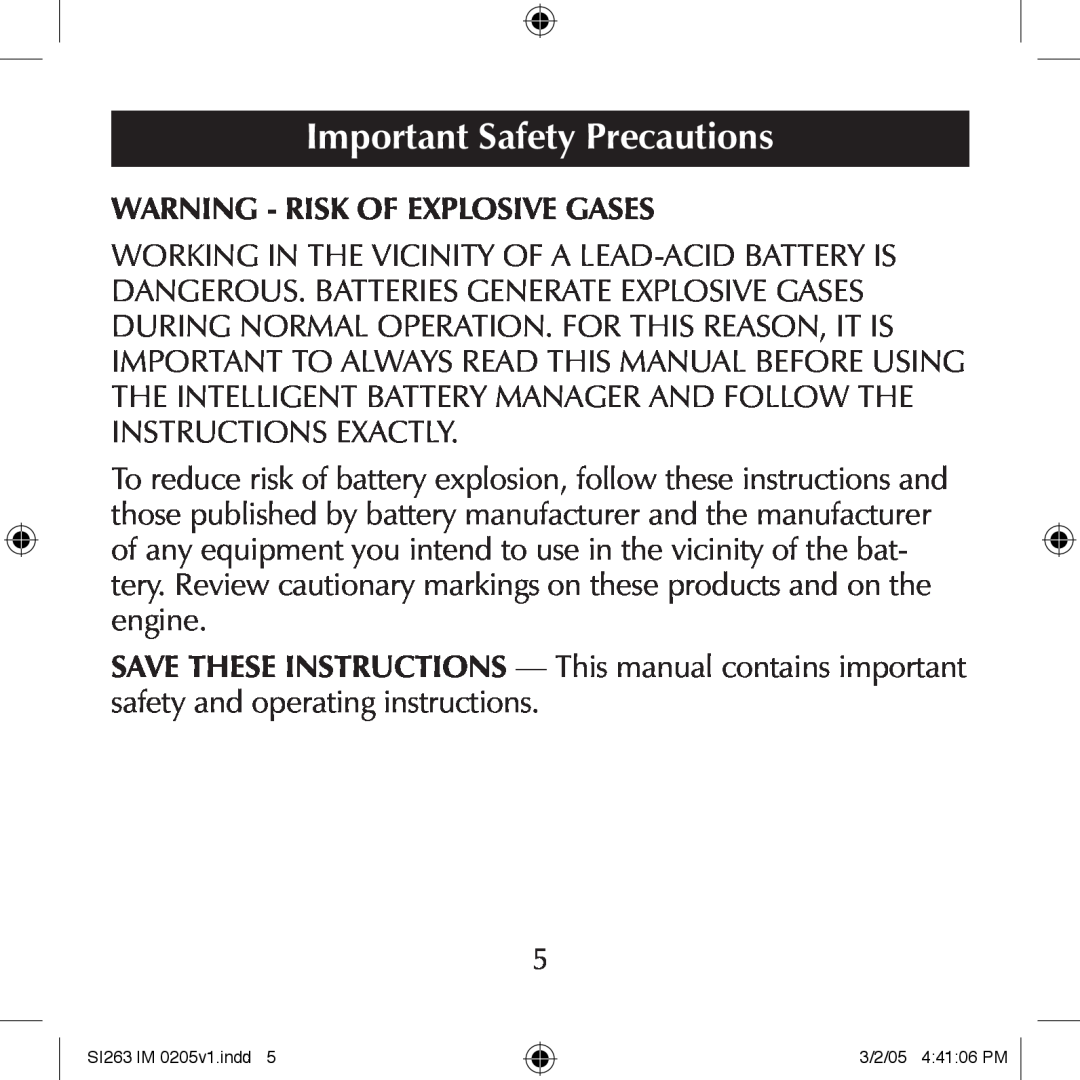 Schumacher SI263 manual Important Safety Precautions, Warning - Risk Of Explosive Gases 