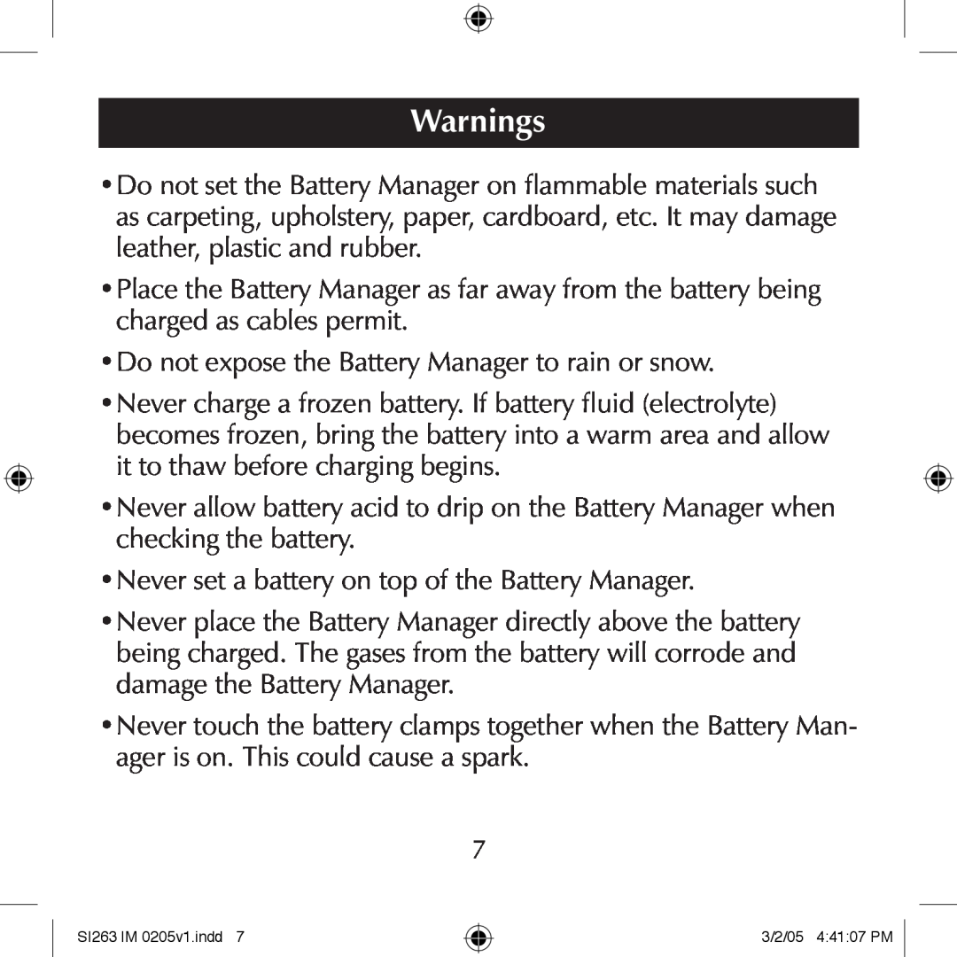 Schumacher SI263 manual Warnings, Do not expose the Battery Manager to rain or snow 