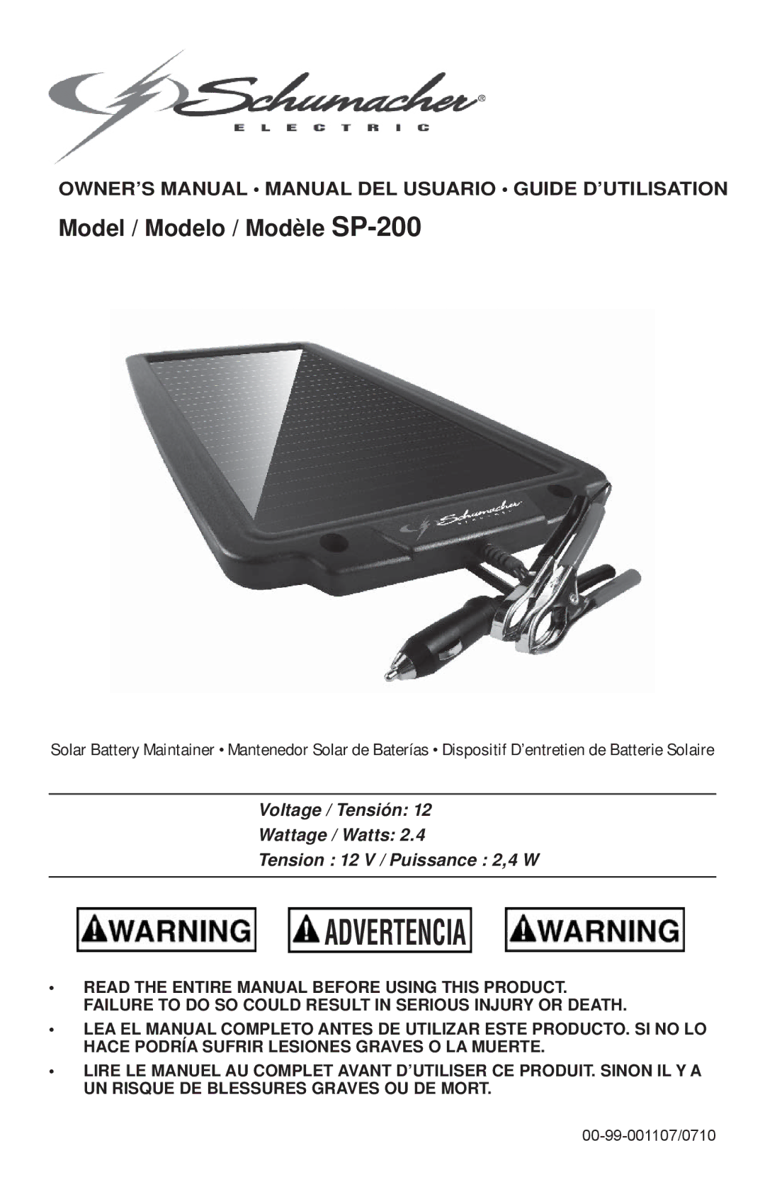 Schumacher SP-200 owner manual Advertencia 