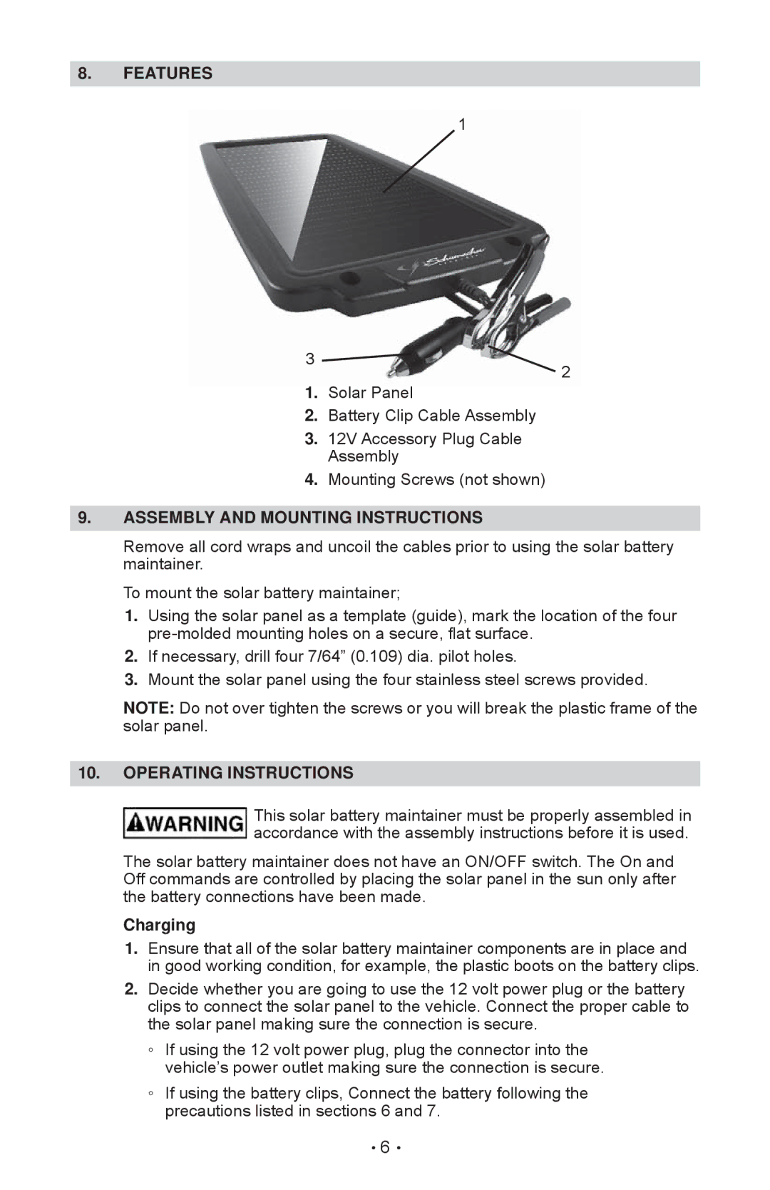 Schumacher SP-200 owner manual Features, Assembly and Mounting Instructions, Operating Instructions, Charging 