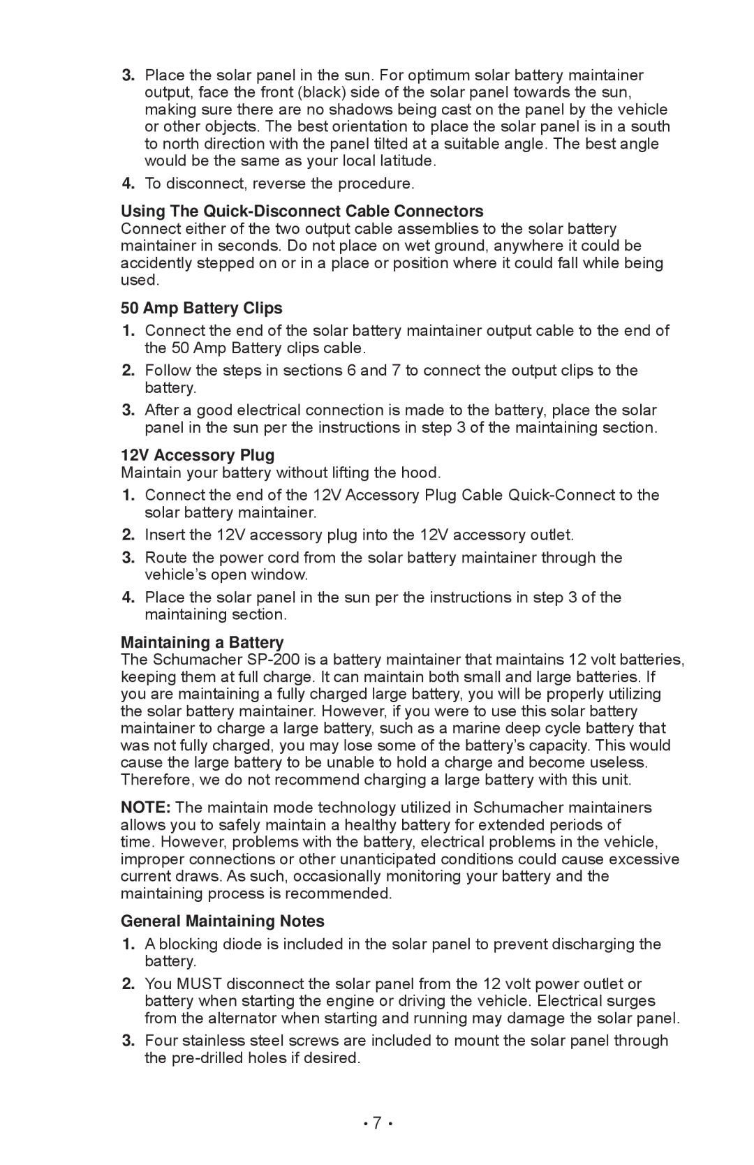 Schumacher SP-200 owner manual Using The Quick-Disconnect Cable Connectors, Amp Battery Clips, 12V Accessory Plug 