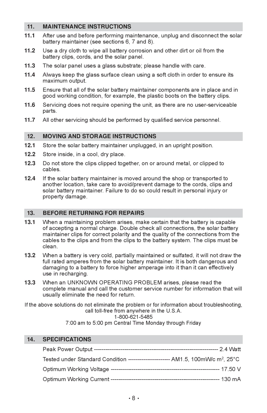 Schumacher SP-200 Maintenance Instructions, Moving and Storage Instructions, Before Returning for Repairs, Specifications 