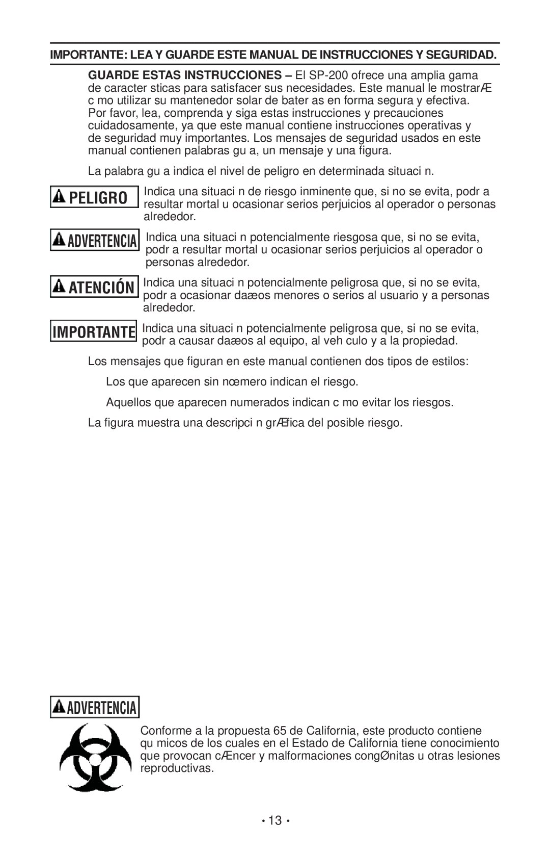 Schumacher SP-200 owner manual Advertencia 