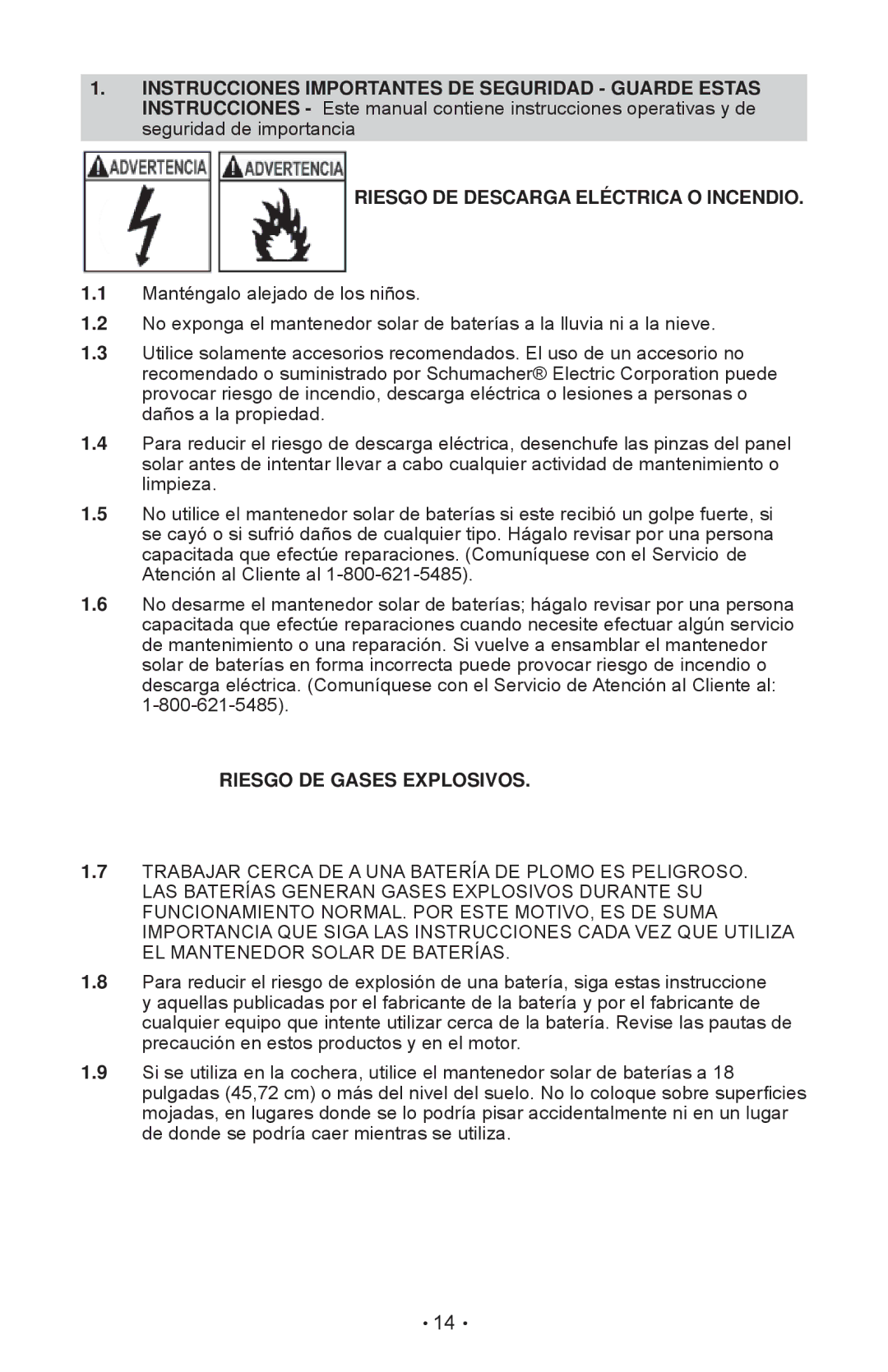 Schumacher SP-200 owner manual Riesgo DE Descarga Eléctrica O Incendio, Riesgo DE Gases Explosivos 