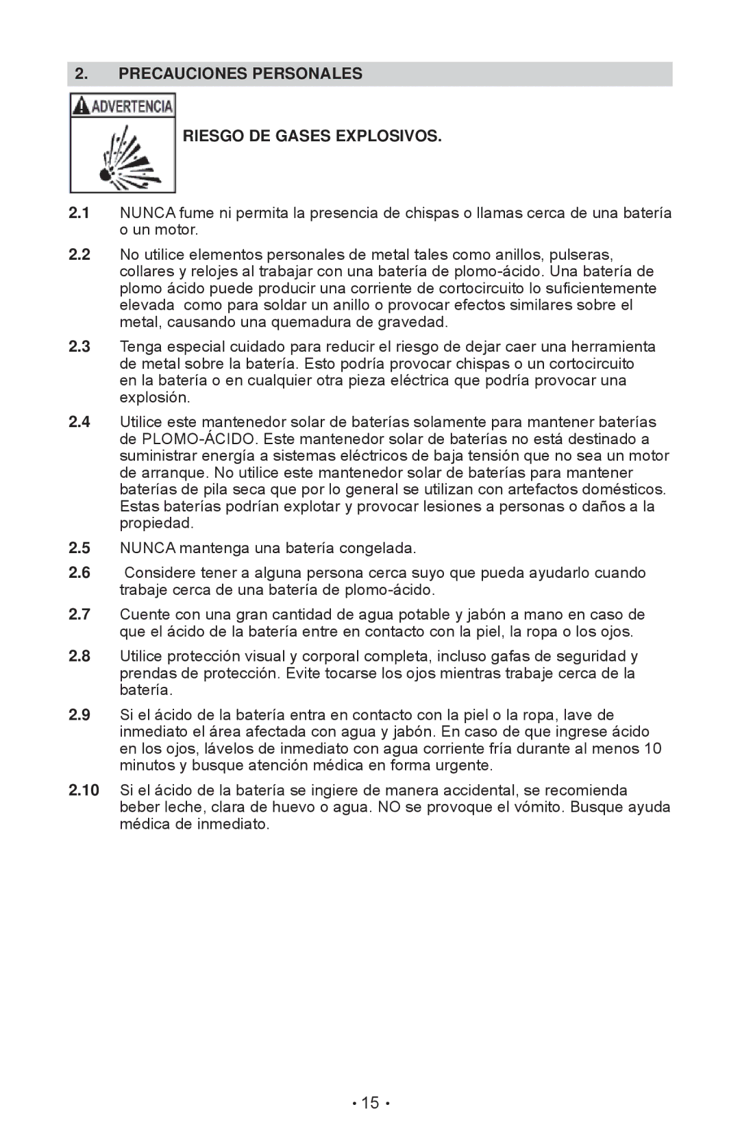 Schumacher SP-200 owner manual Precauciones Personales Riesgo DE Gases Explosivos 