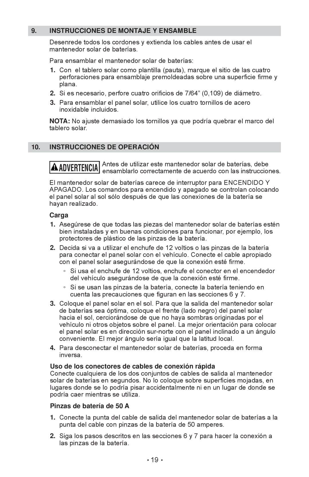 Schumacher SP-200 Instrucciones DE Montaje Y Ensamble, Instrucciones DE Operación, Carga, Pinzas de batería de 50 a 