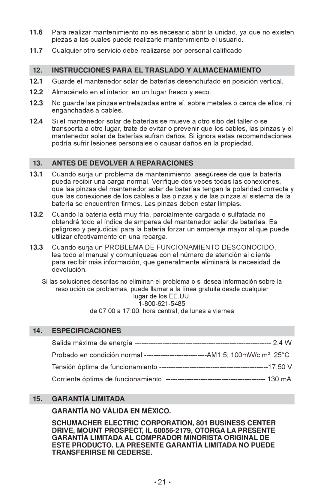 Schumacher SP-200 Instrucciones Para EL Traslado Y Almacenamiento, Antes DE Devolver a Reparaciones, Especificaciones 