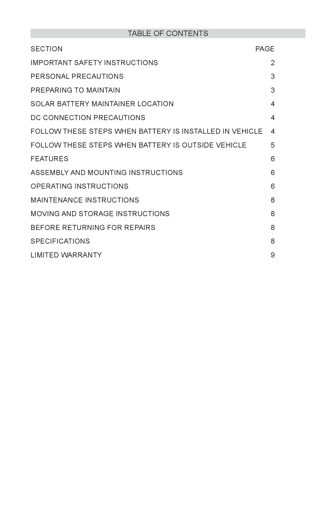 Schumacher SP-200 owner manual Table of Contents 