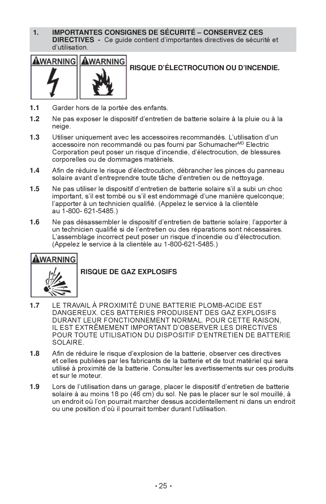 Schumacher SP-200 owner manual Risque D’ÉLECTROCUTION OU D’INCENDIE, Risque DE GAZ Explosifs 