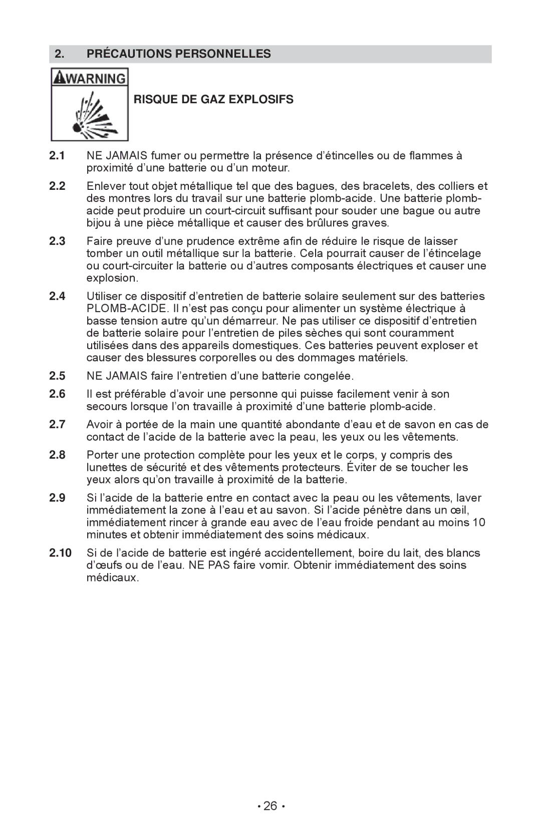 Schumacher SP-200 owner manual Précautions Personnelles Risque DE GAZ Explosifs 