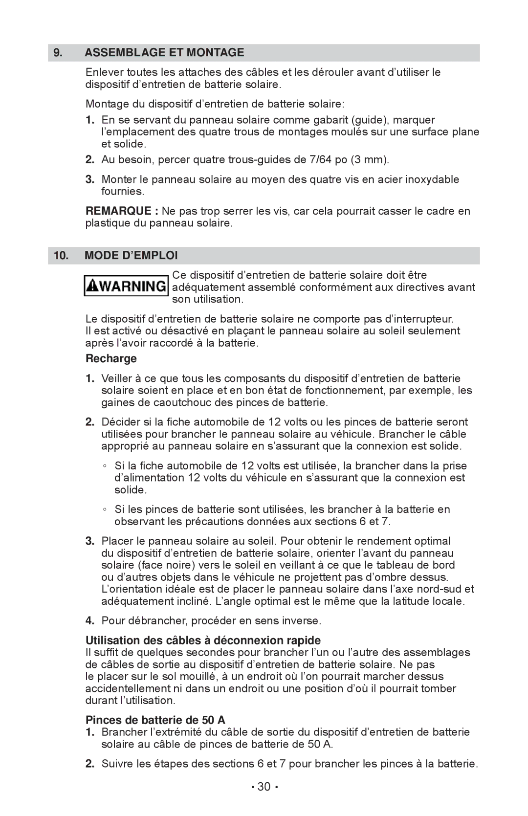 Schumacher SP-200 owner manual Assemblage ET Montage, Mode D’EMPLOI, Recharge, Utilisation des câbles à déconnexion rapide 