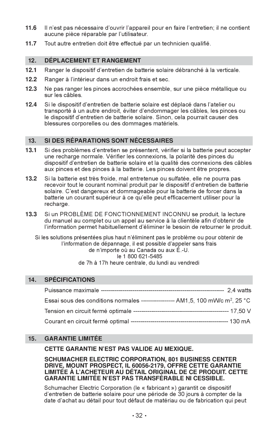 Schumacher SP-200 owner manual 12. Déplacement ET Rangement, SI DES Réparations Sont Nécessaires, 14. Spécifications 