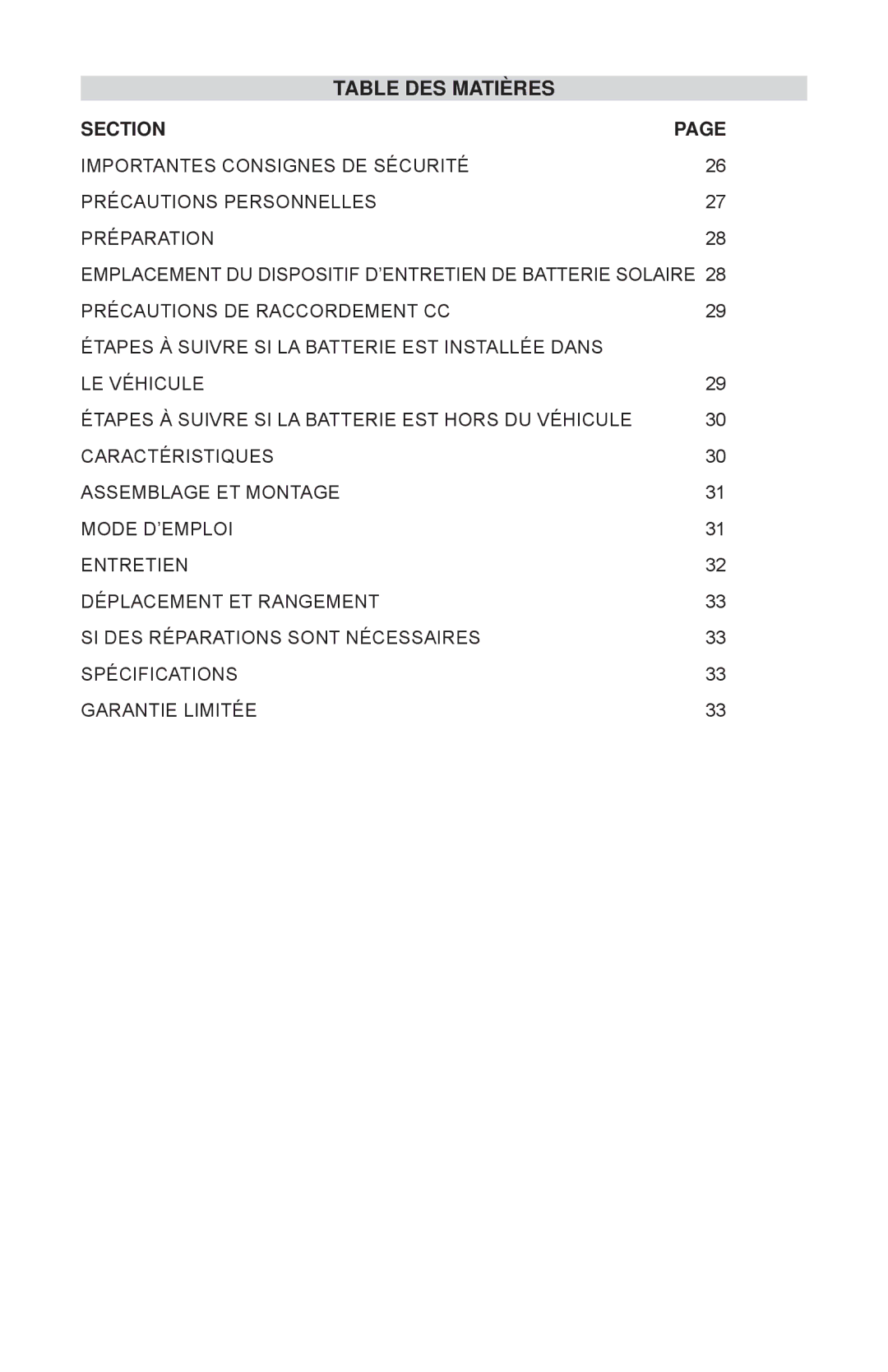 Schumacher SP-200 owner manual Table DES Matières, Section 