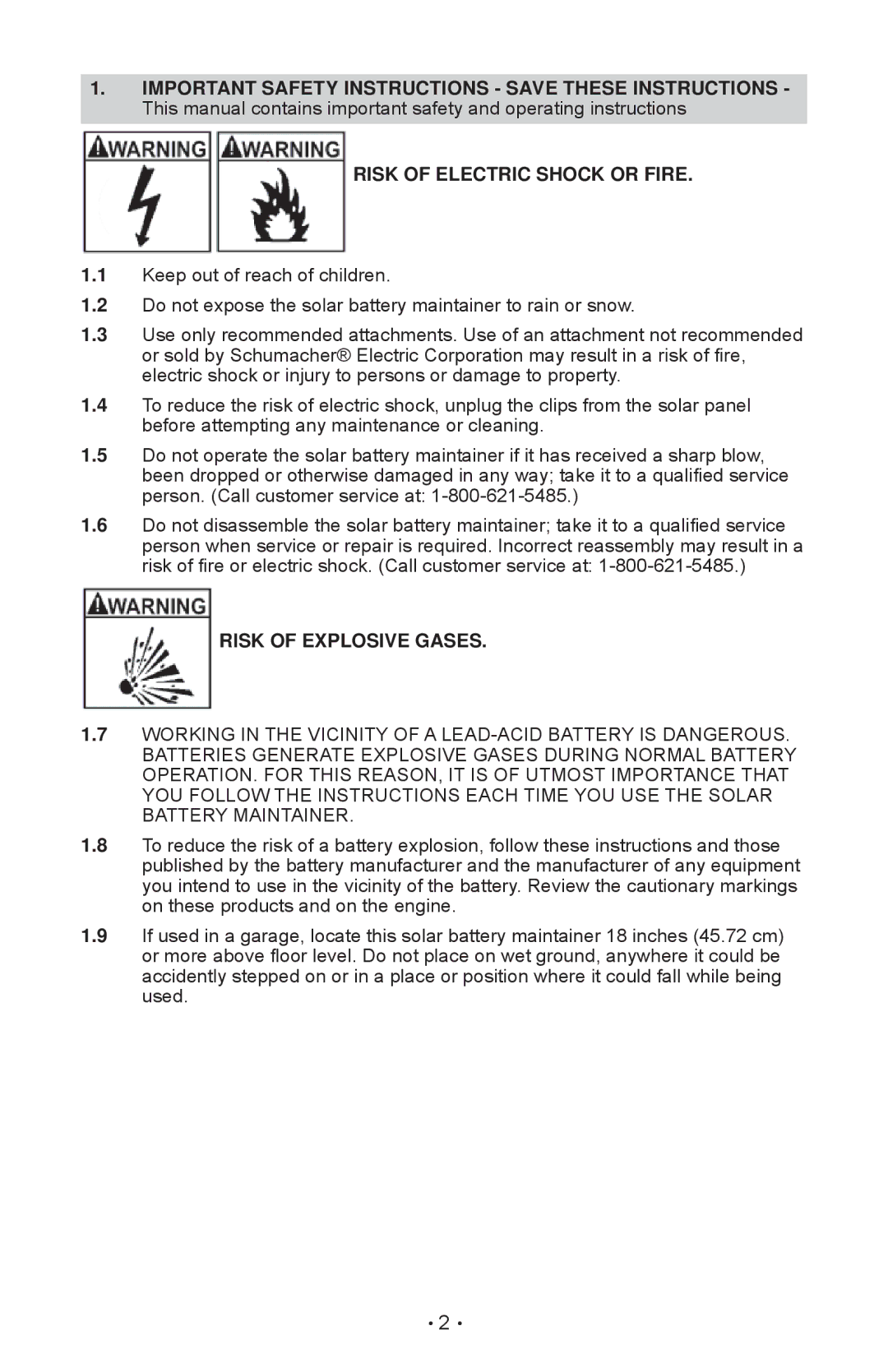 Schumacher SP-200 owner manual Risk of Electric Shock or Fire, Risk of Explosive Gases 