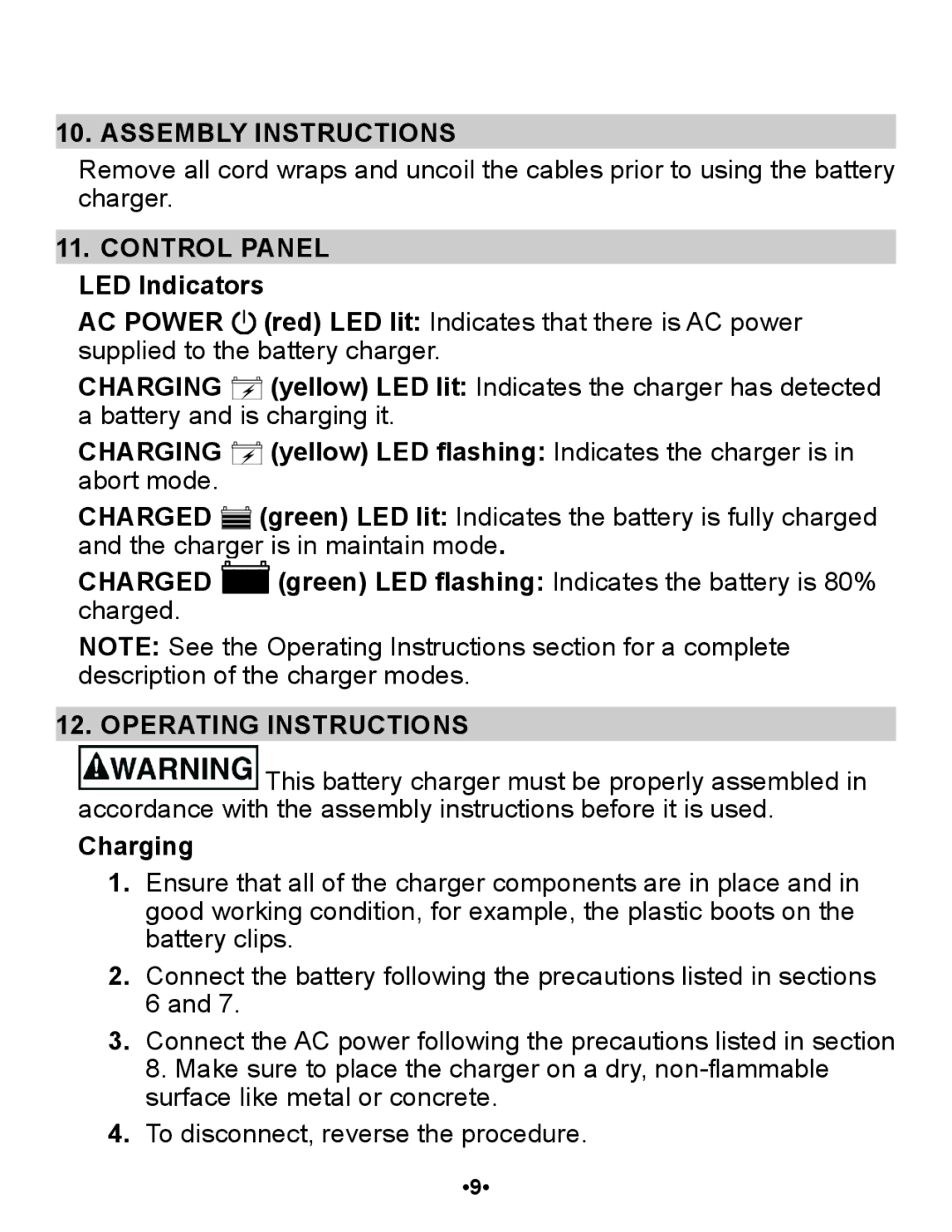 Schumacher SP1 owner manual Assembly Instructions, AC Power, Charging, Operating Instructions 