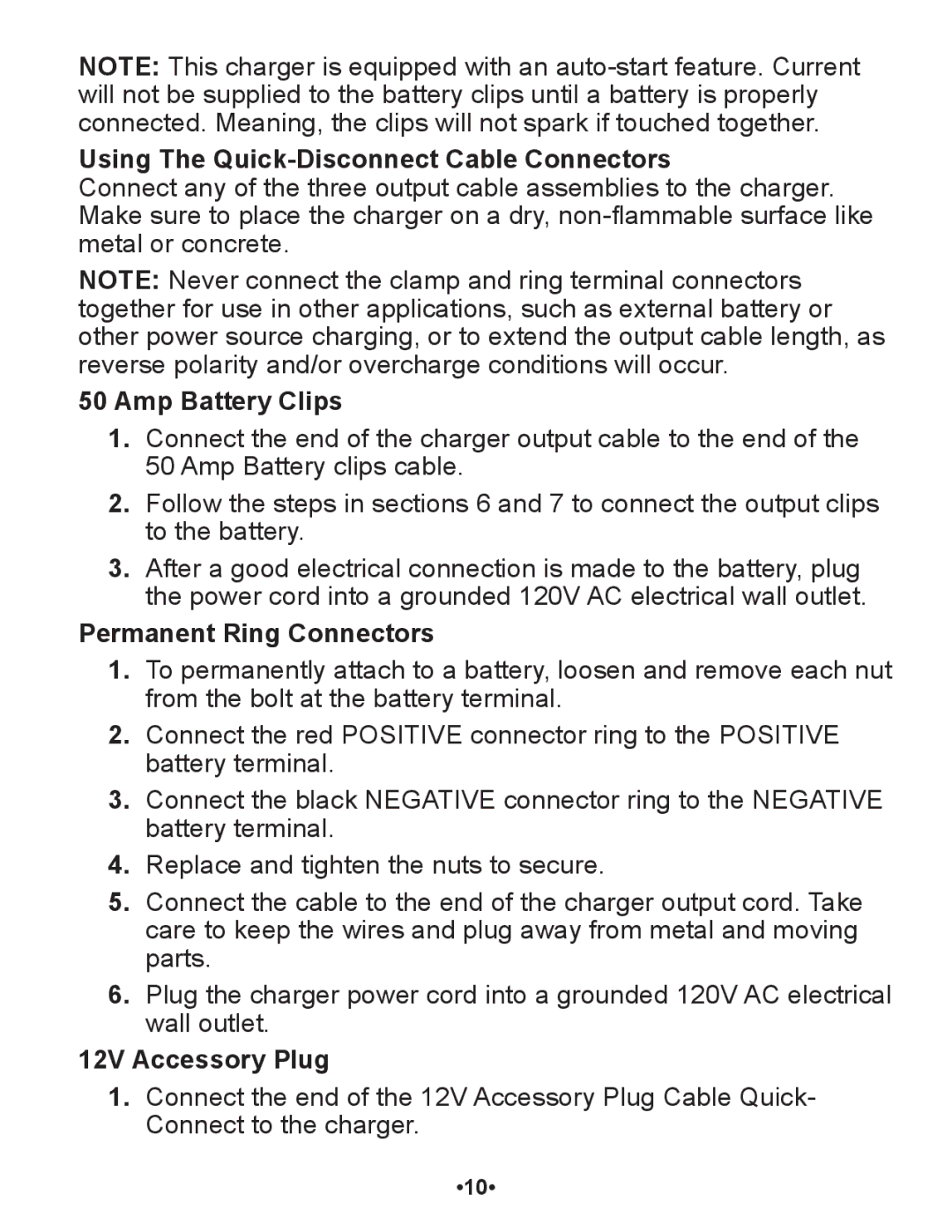 Schumacher SP1 owner manual Using The Quick-Disconnect Cable Connectors, Amp Battery Clips, Permanent Ring Connectors 