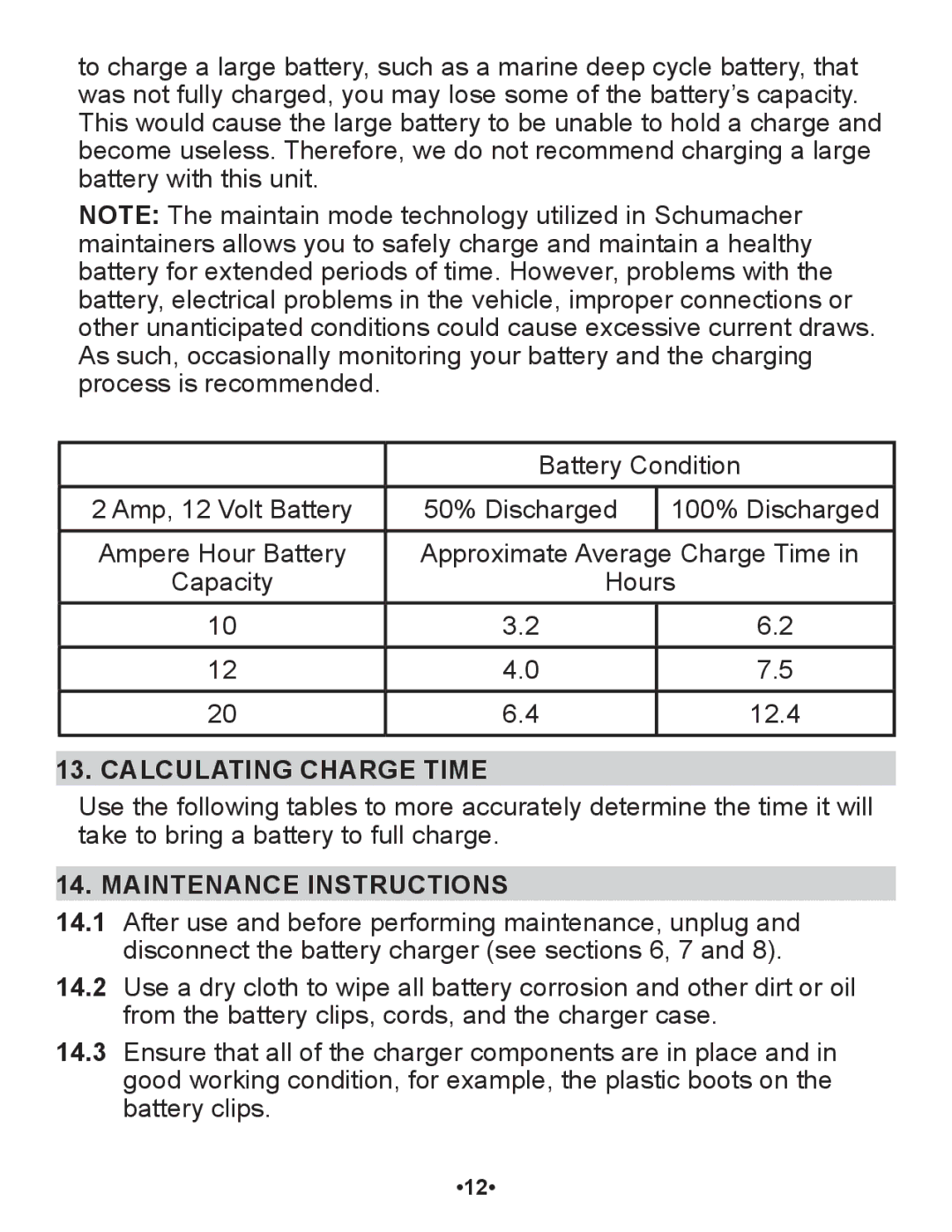 Schumacher SP1 owner manual Calculating Charge Time, Maintenance Instructions 