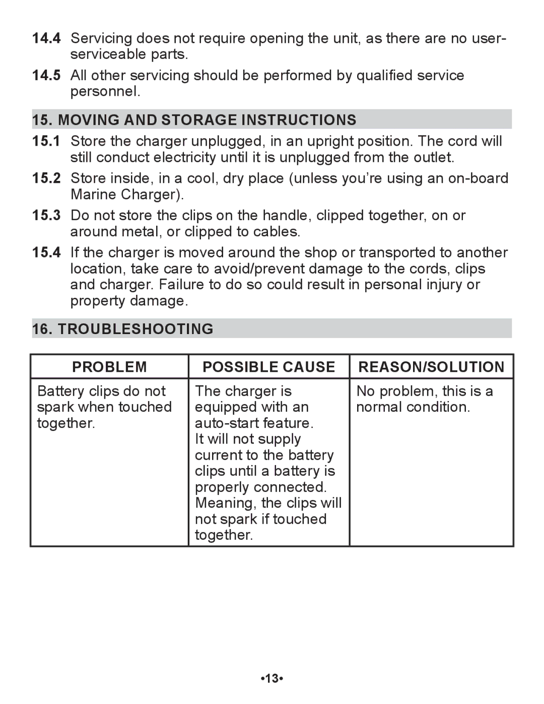 Schumacher SP1 owner manual Moving and Storage Instructions, Troubleshooting Problem Possible Cause REASON/SOLUTION 