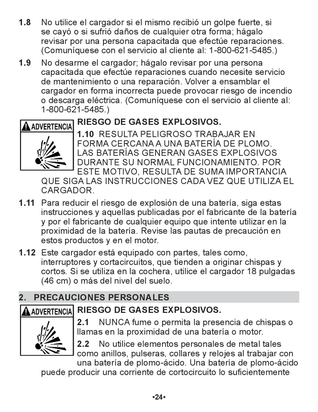 Schumacher SP1 owner manual Precauciones Personales Riesgo DE Gases Explosivos 