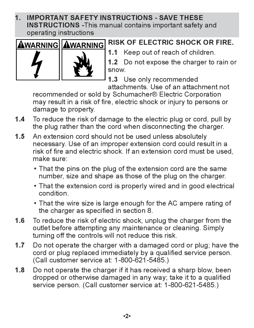 Schumacher SP1 owner manual Risk of Electric Shock or Fire 