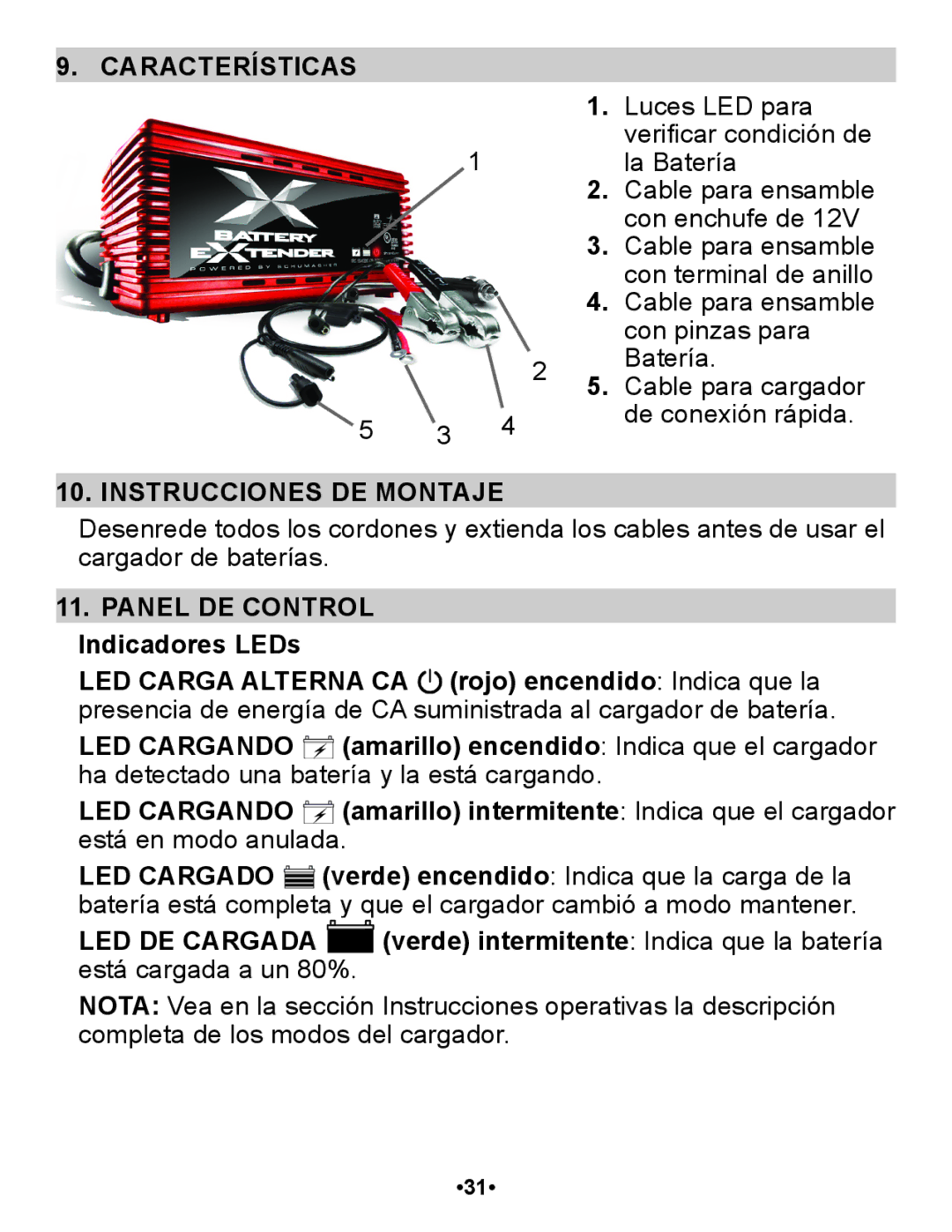 Schumacher SP1 owner manual Características, Instrucciones DE Montaje, LED Cargando, LED Cargado, LED DE Cargada 