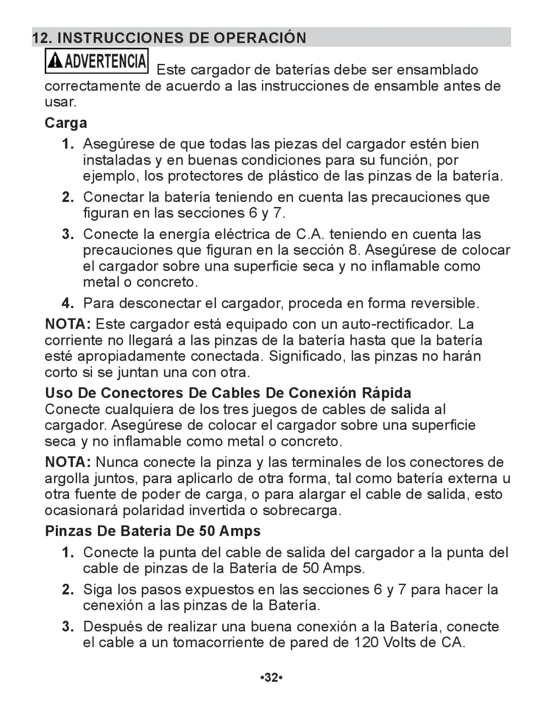 Schumacher SP1 owner manual Instrucciones DE Operación, Carga, Pinzas De Bateria De 50 Amps 