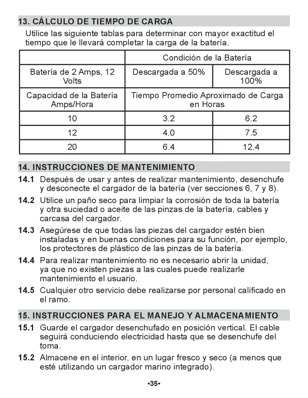 Schumacher SP1 owner manual 13. Cálculo DE Tiempo DE Carga, Instrucciones DE Mantenimiento 