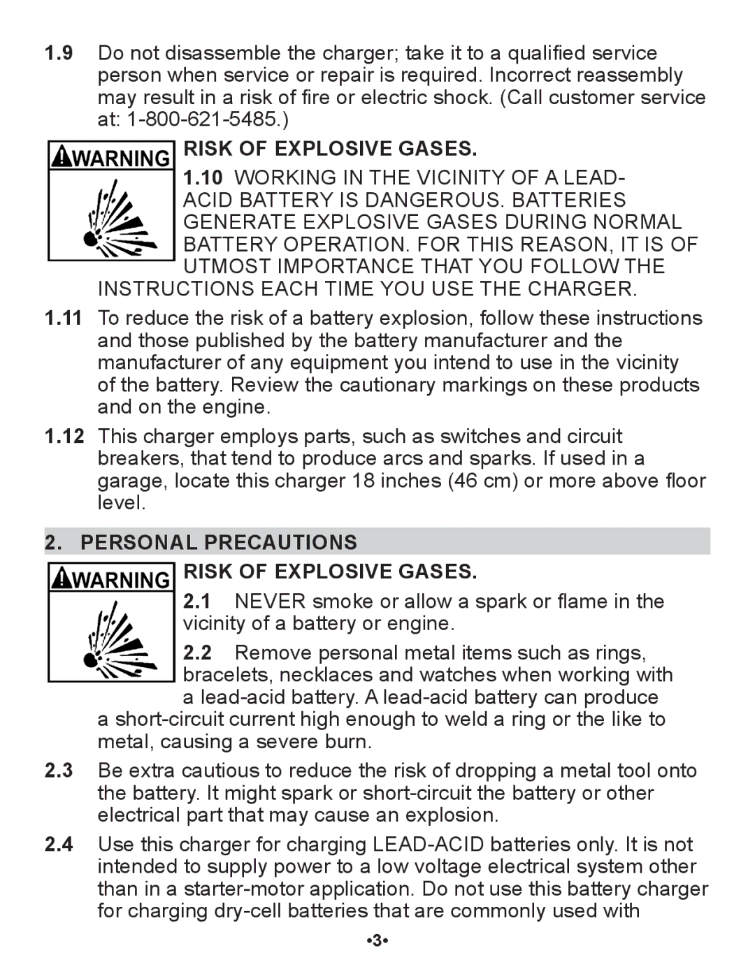 Schumacher SP1 owner manual Personal Precautions Risk of Explosive Gases 