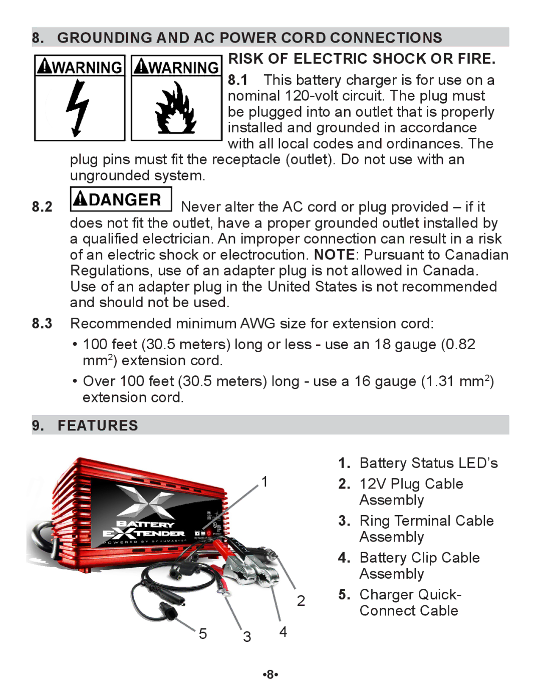 Schumacher SP1 owner manual Grounding and ac power cord connections, Features 