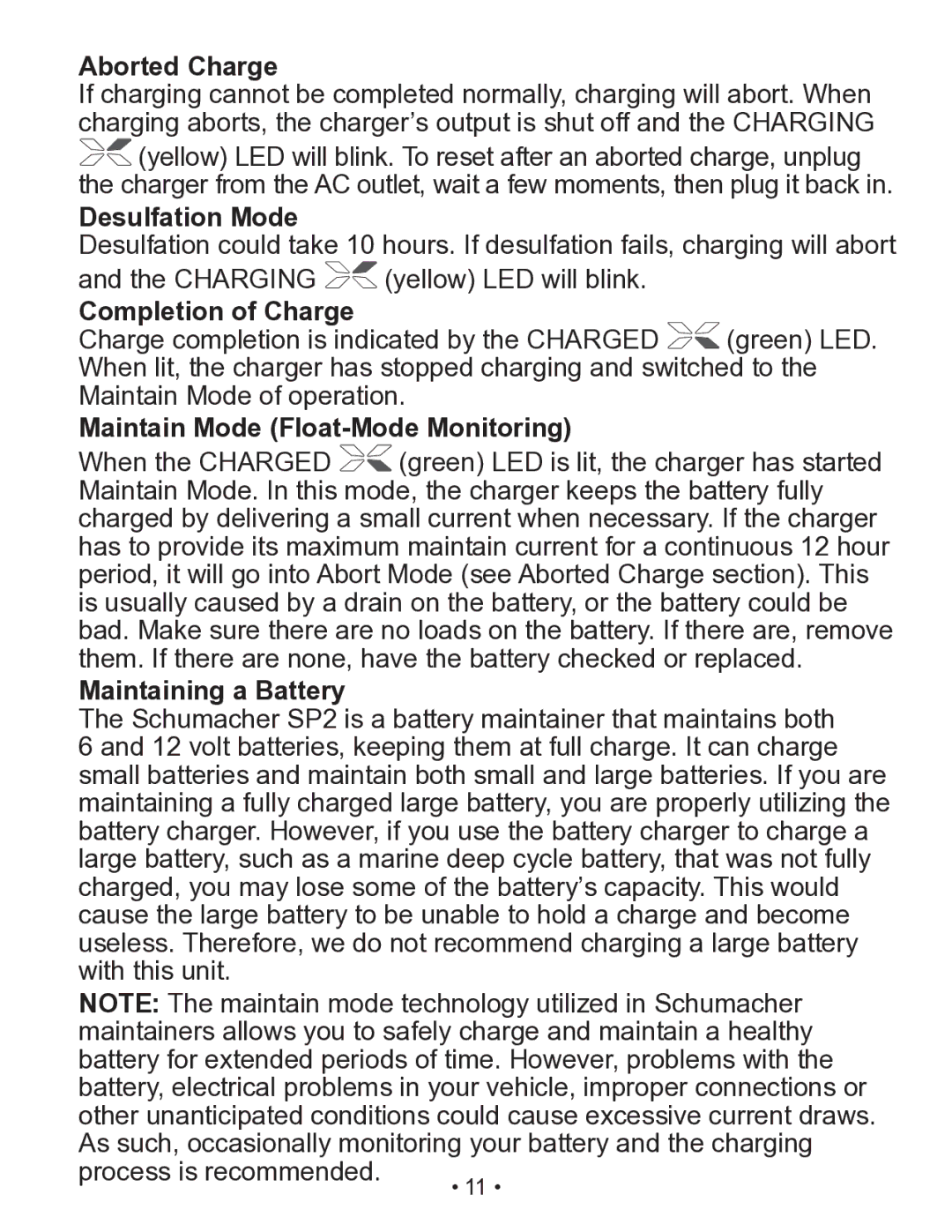 Schumacher SP2 owner manual Aborted Charge, Desulfation Mode, Completion of Charge, Maintain Mode Float-Mode Monitoring 