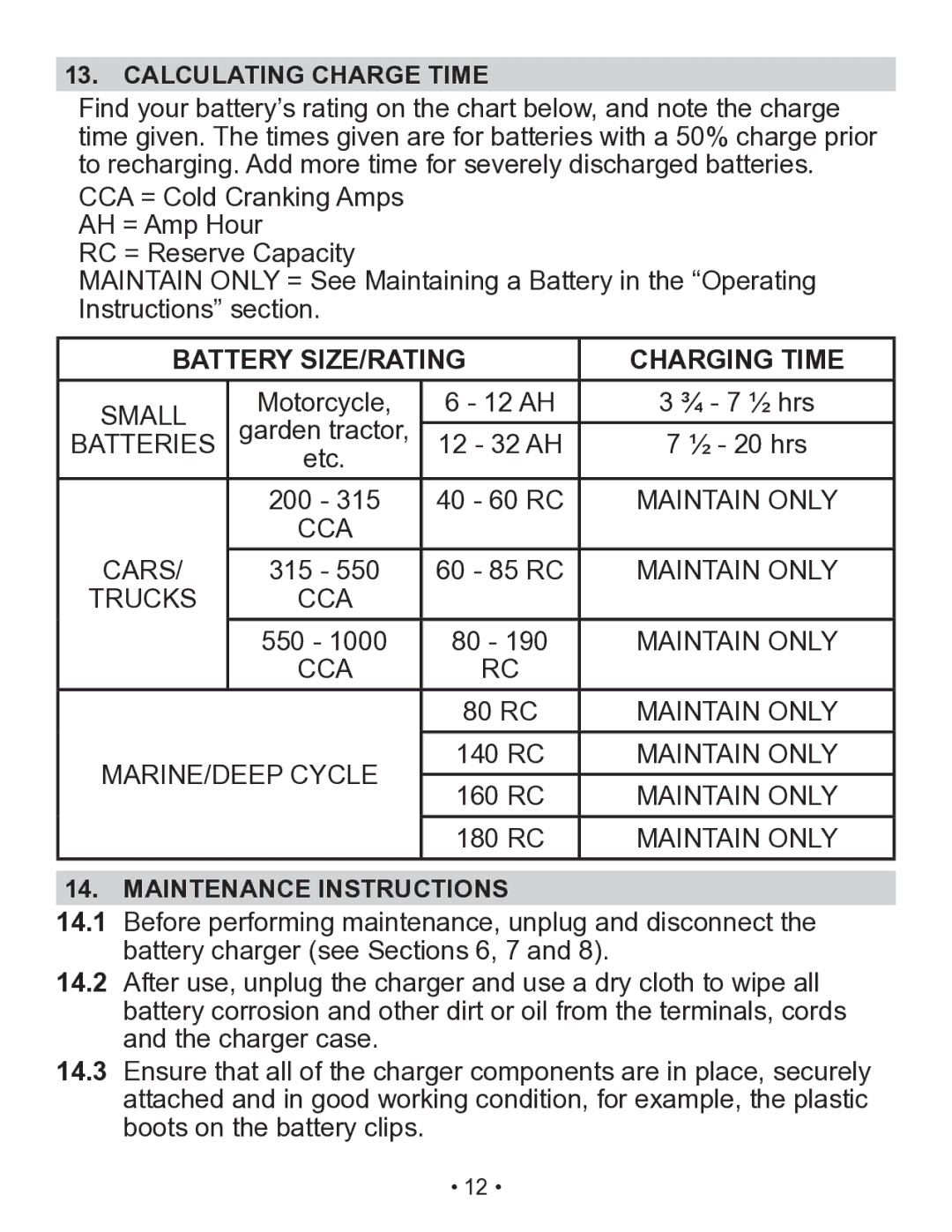 Schumacher SP2 owner manual Calculating Charge Time, Battery SIZE/RATING Charging Time, Maintenance Instructions 