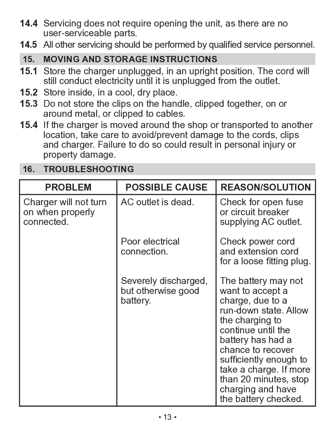 Schumacher SP2 owner manual Moving and Storage Instructions, Troubleshooting Problem Possible Cause REASON/SOLUTION 