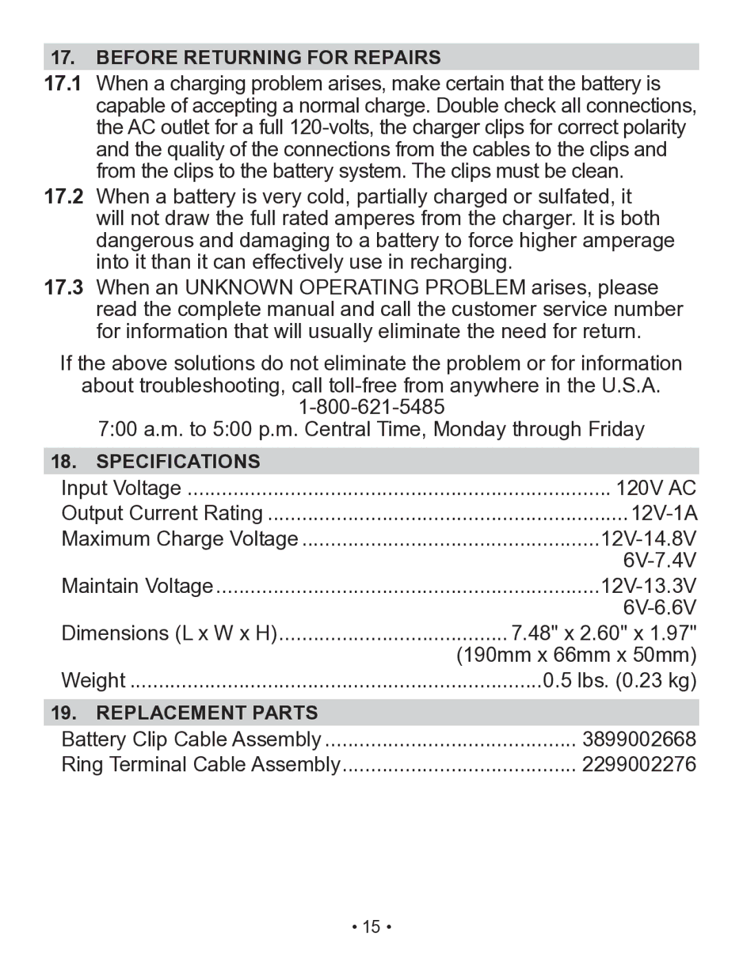 Schumacher SP2 owner manual Before Returning for Repairs, Specifications, Replacement Parts 