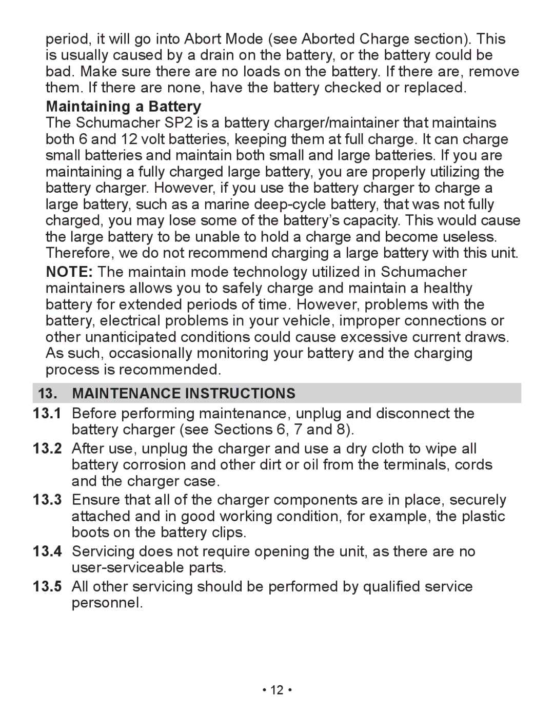 Schumacher SP2 owner manual Maintaining a Battery, Maintenance Instructions 