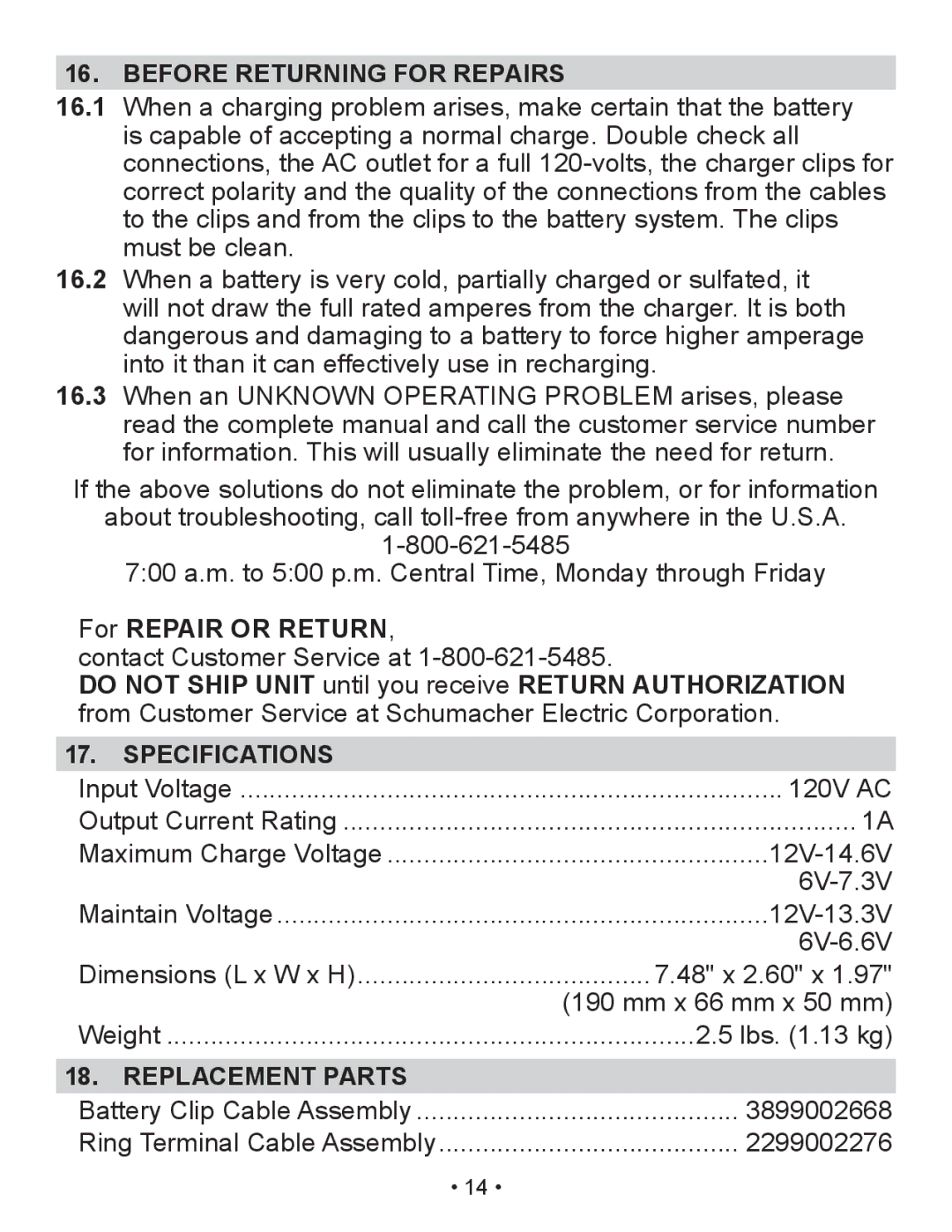 Schumacher SP2 owner manual Before Returning for Repairs, For Repair or Return, Specifications, Replacement Parts 