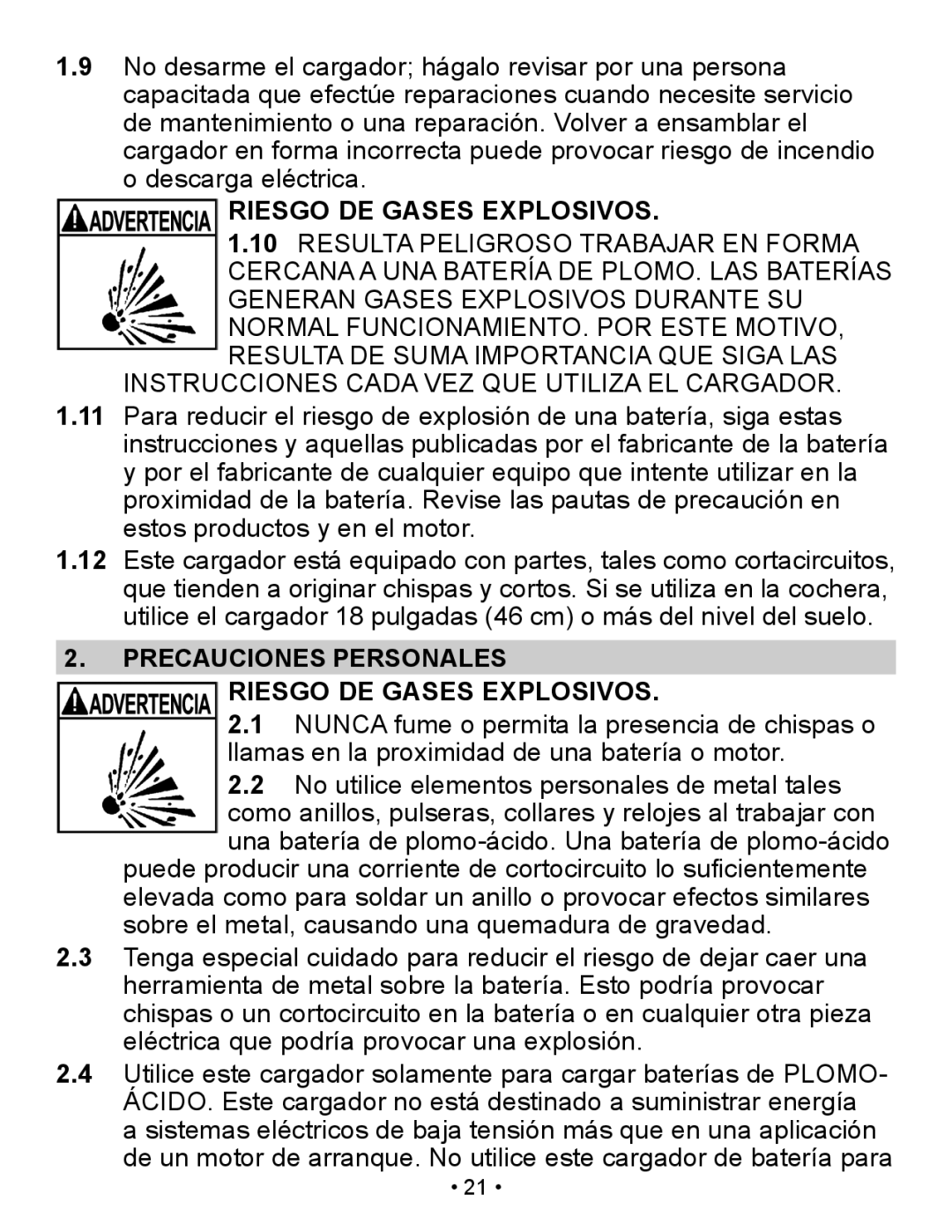 Schumacher SP2 owner manual Precauciones Personales Riesgo DE Gases Explosivos 