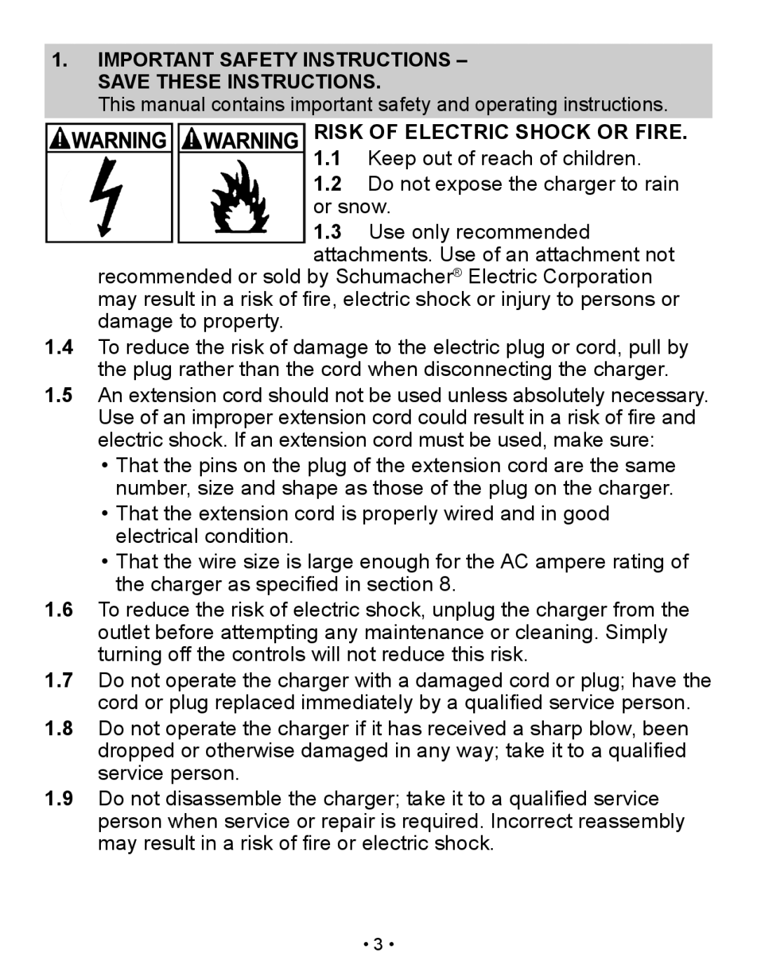 Schumacher SP2 owner manual Important Safety Instructions Save These Instructions, Risk of Electric Shock or Fire 