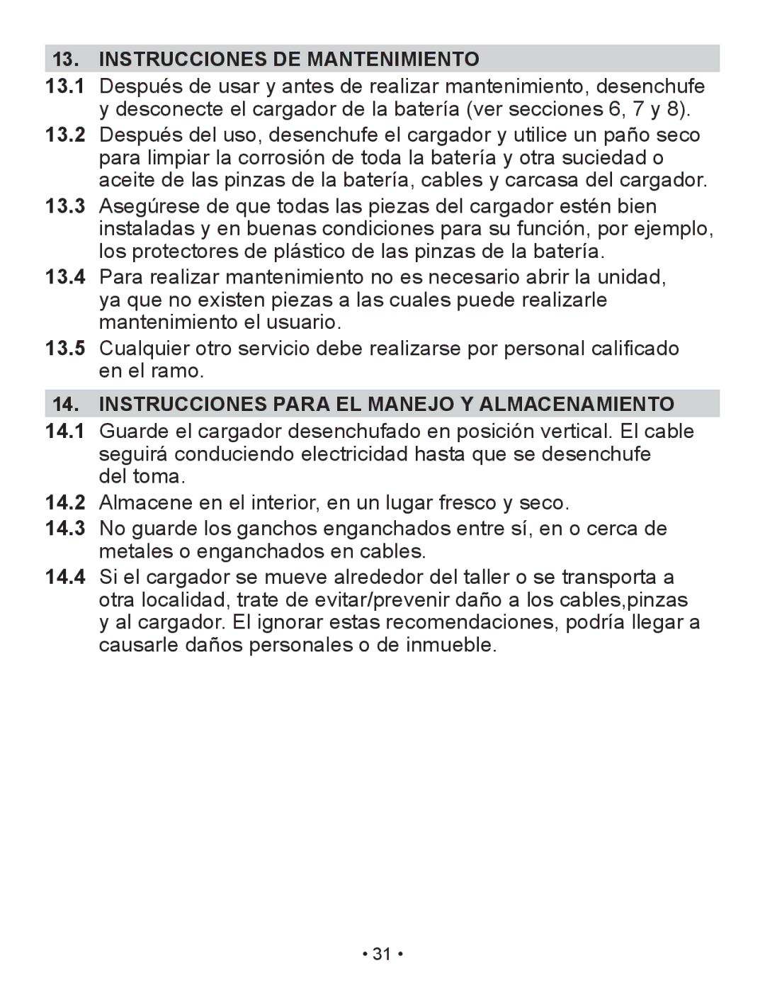 Schumacher SP2 owner manual Instrucciones DE Mantenimiento, Instrucciones Para EL Manejo Y Almacenamiento 