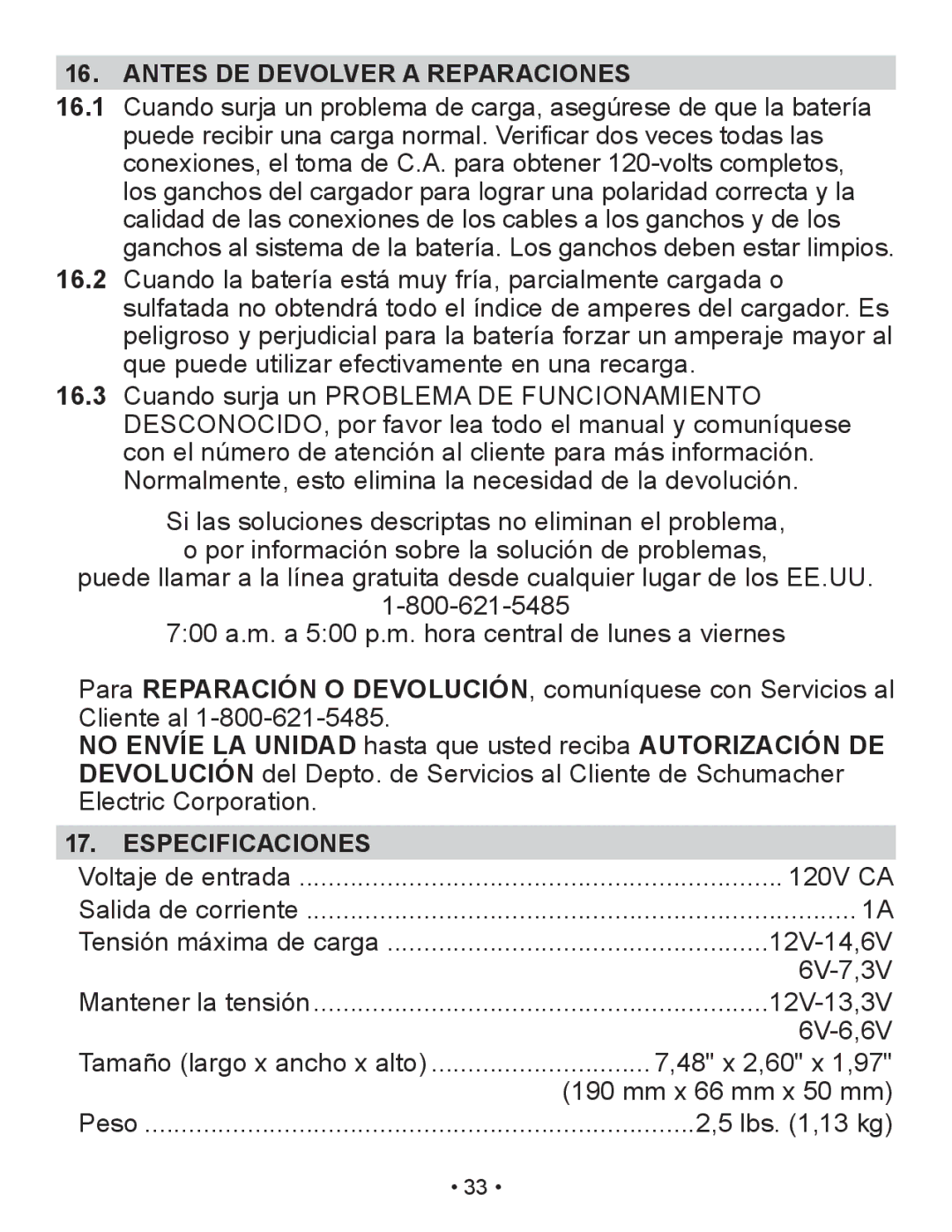 Schumacher SP2 owner manual Antes DE Devolver a Reparaciones, Especificaciones 